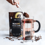 Vivo Life Magic Organic Coffee with Lion’s Mane Mushroom, brewed in a cup showing rich dark coffee and mushroom flavor.