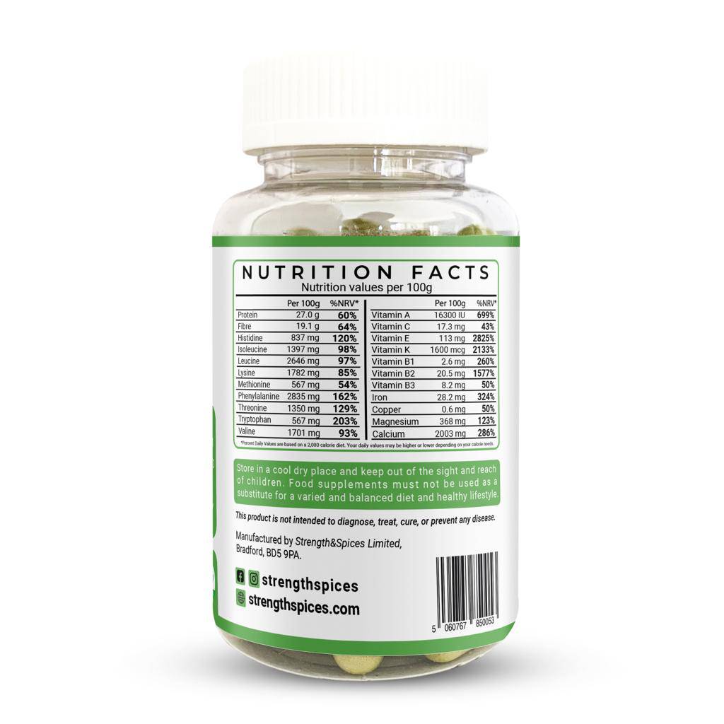 Bottle of Moringa Oleifera 700mg supplement capsules by Strength & Spices, showing 90 capsules in a clear container.