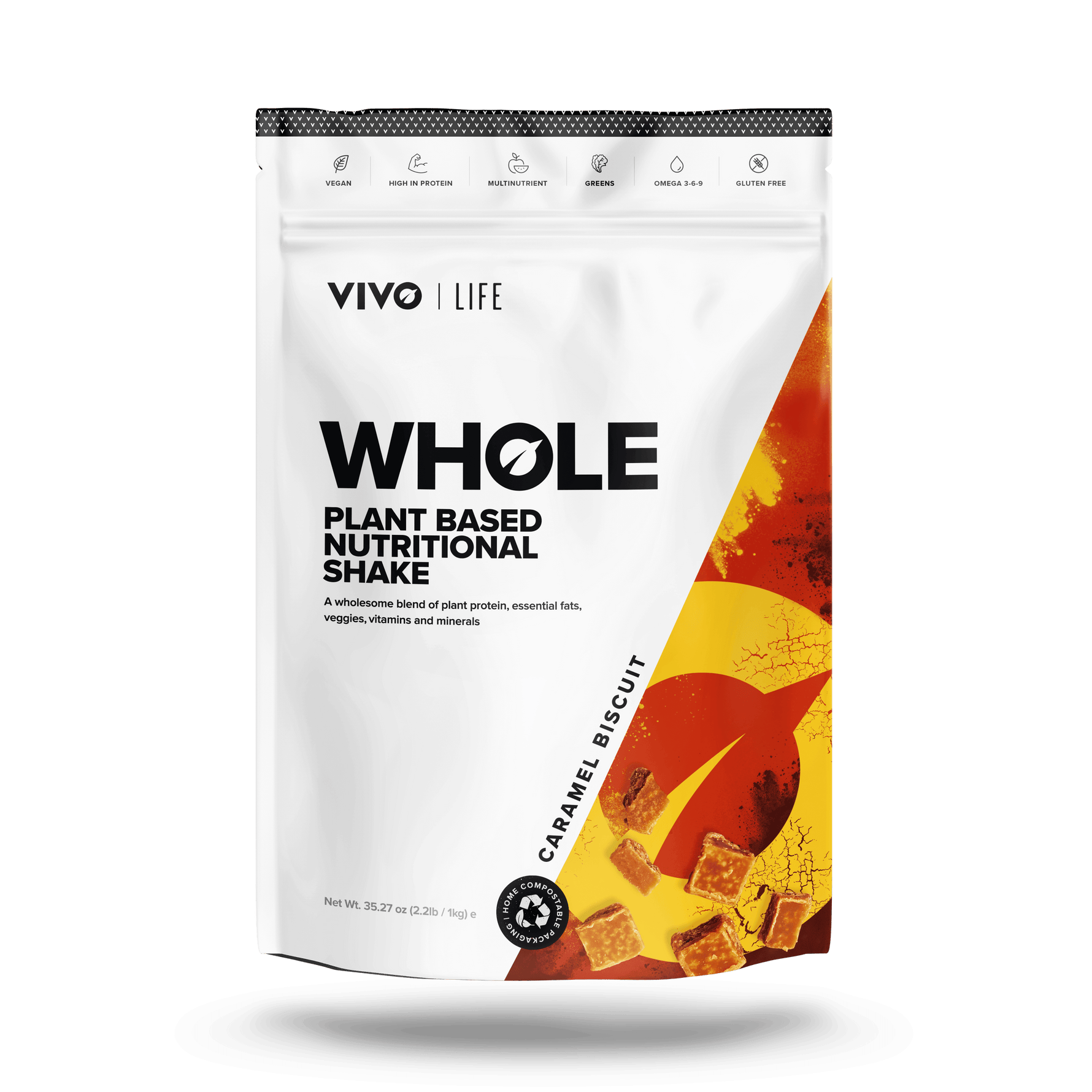 VIVO LIFE Whole Plant-Based Nutritional Shake supplement in caramel flavor, shown in front of the pouch.