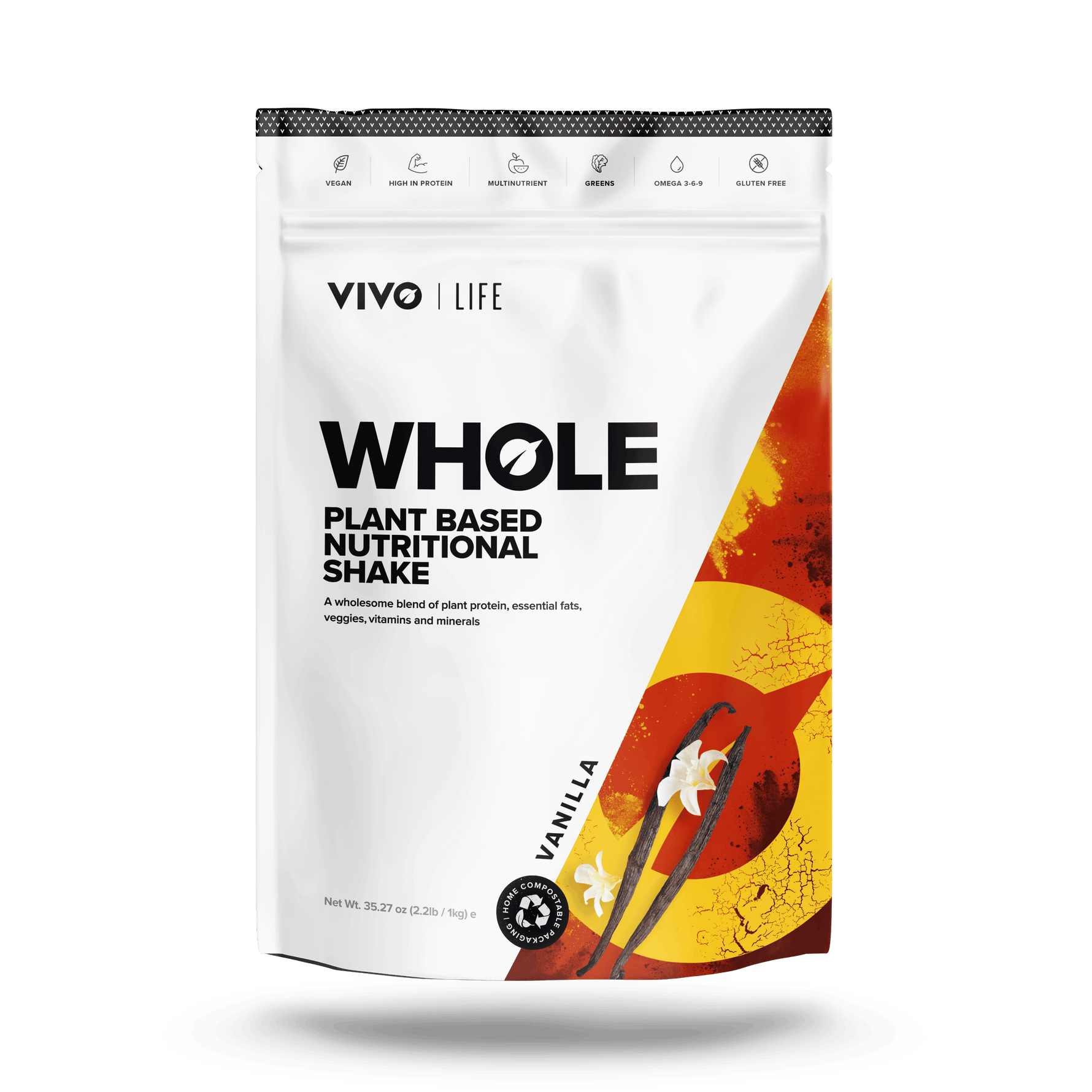Vivo Life Whole Plant-Based Nutritional Shake supplement pouch with vanilla flavor, showcasing the front label.