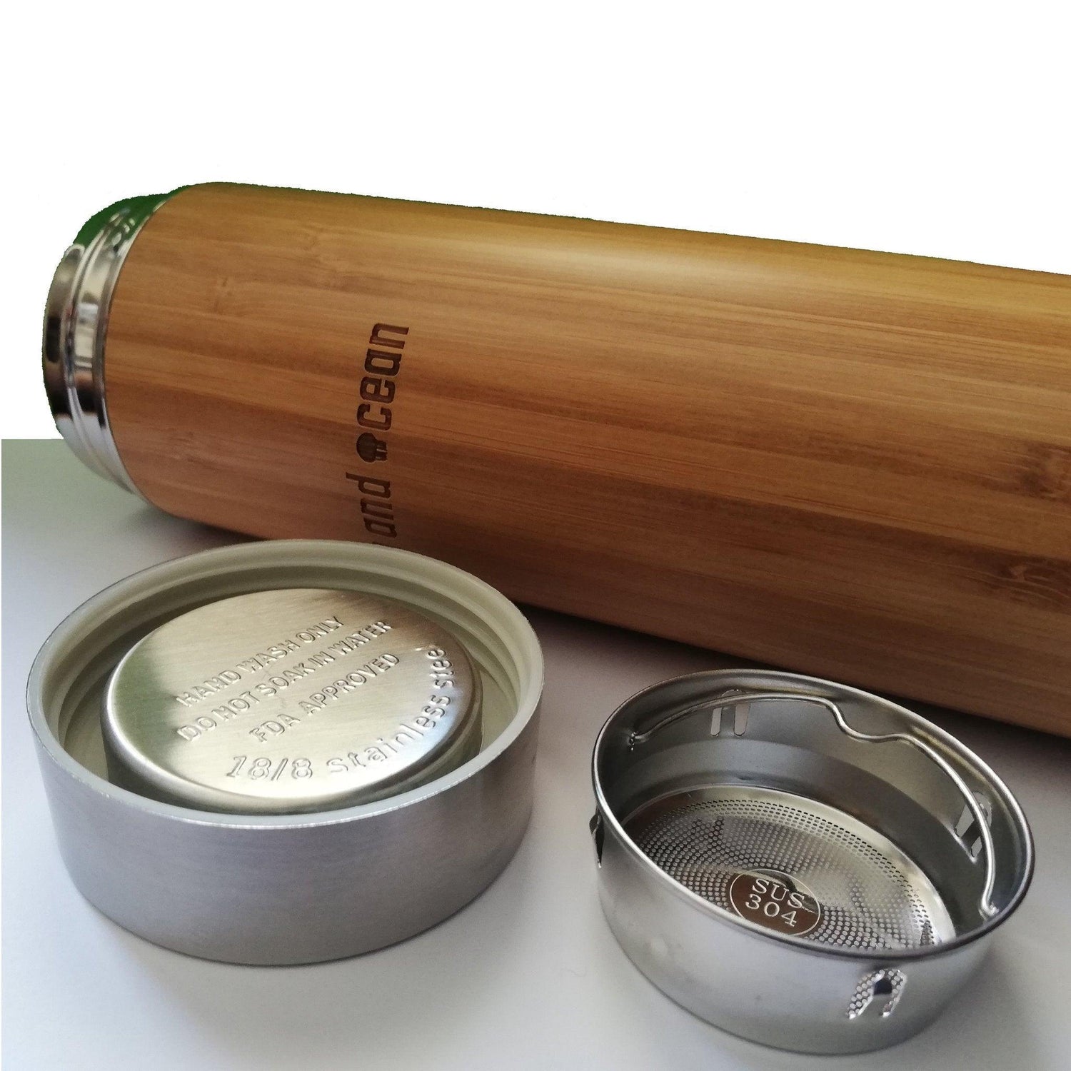 Old Products bamboo and stainless steel 400ml tumbler with eco-friendly design for tea and coffee, Earth and Ocean theme.