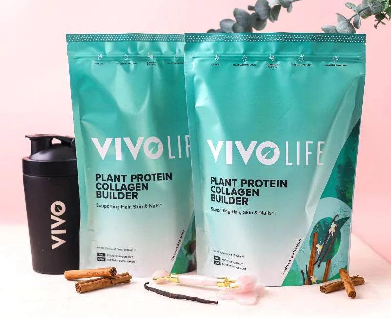 Vivo Life Collagen Builder Plant Protein supplement container with label, showcasing a health-focused protein powder for skin and joint support.