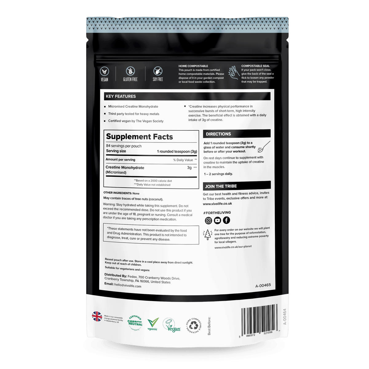 Vivo Life ultra-pure micronized creatine monohydrate supplement container with label and powder scoop, front view.