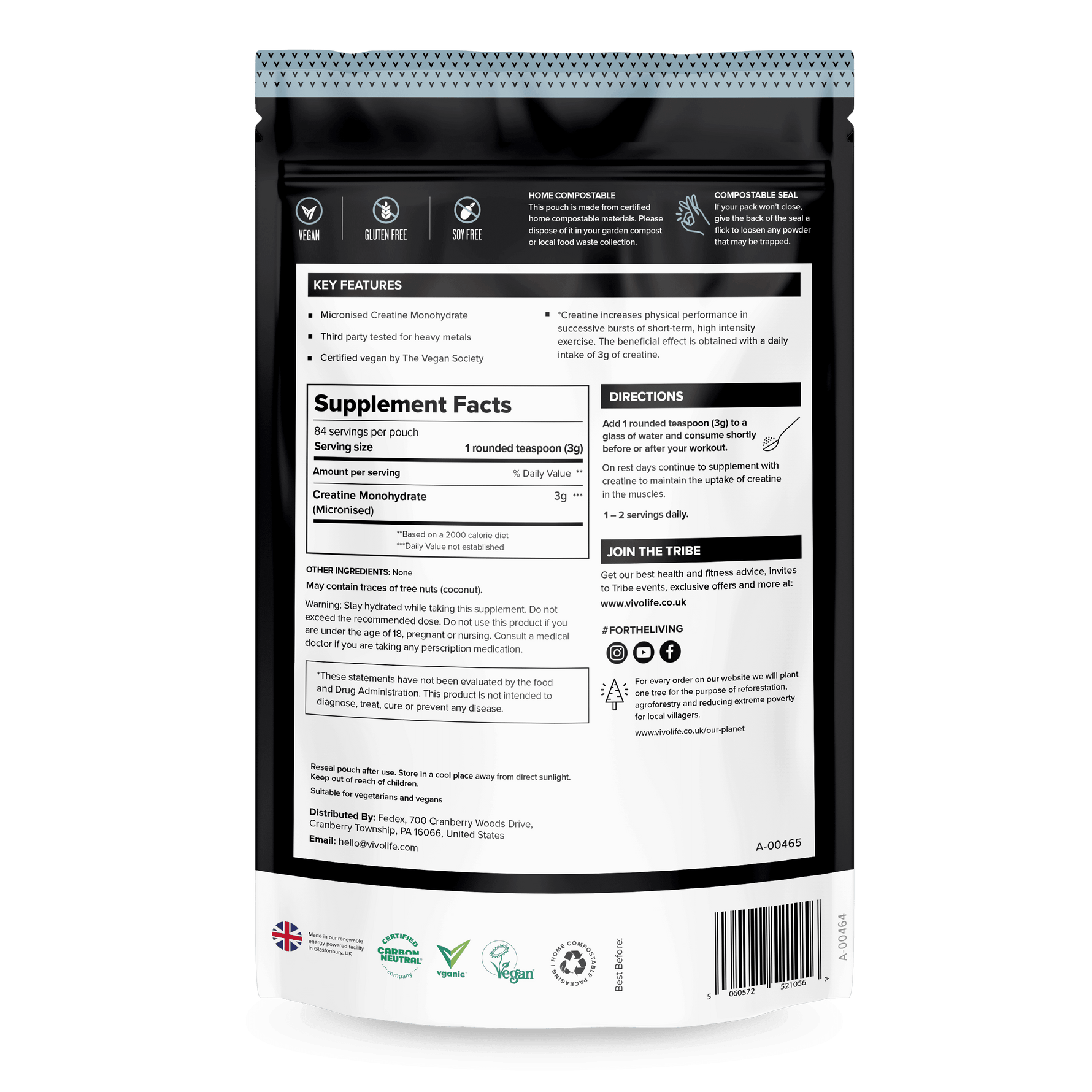 Vivo Life ultra-pure micronized creatine monohydrate supplement container with label and powder scoop, front view.