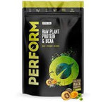 Large container of Vivo Life PERFORM Raw Plant Protein & BCAA protein powder with a scoop, featuring green and white packaging.
