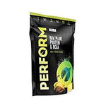 Large container of VIVO LIFE PERFORM Raw Plant Protein & BCAA protein powder with a scoop, featuring a natural, plant-based supplement label.