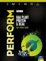 Large container of Vivo Life PERFORM Raw Plant Protein & BCAA powder with scoops, showing the product label and natural ingredients.