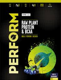 Large container of Vivo Life PERFORM Raw Plant Protein & BCAA powder with scoops, showing the product label and natural ingredients.
