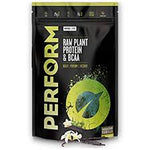 Vivo Life PERFORM Raw Plant Protein & BCAA supplement container with scoop, showing the label and product details.
