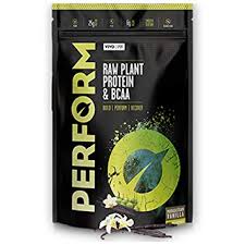 Vivo Life PERFORM Raw Plant Protein & BCAA supplement container with scoop, showing the label and product details.