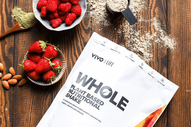 Vivo Life Whole Plant-Based Nutritional Shake supplement in a flat, sealed container showing the natural, plant-based ingredients.